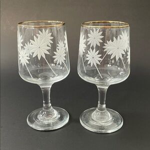 VINTAGE MID-CENTURY MODERN Gold Rimmed Etched Stemmed Glass Set Retro  Sleek
